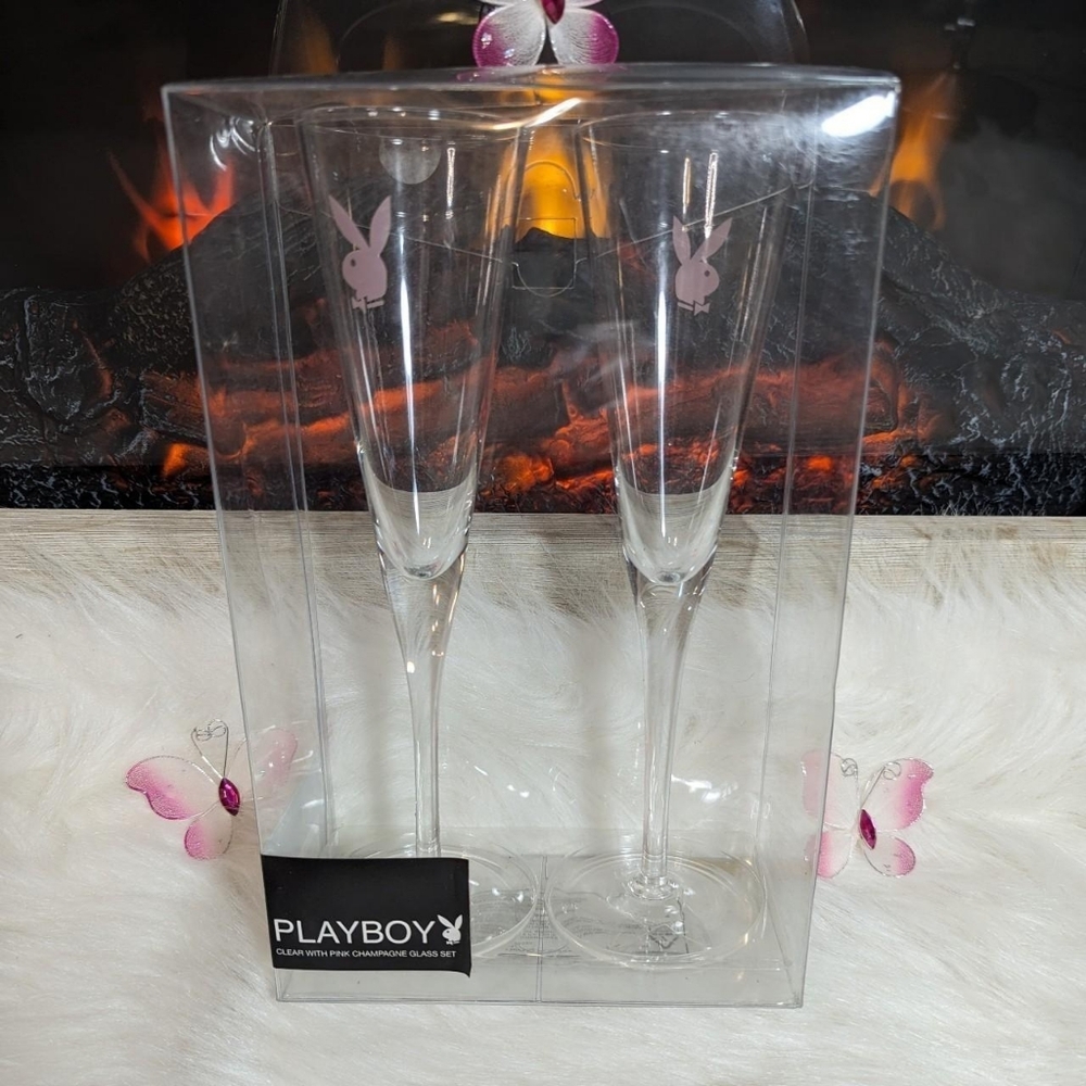 Vintage Y2K  Playboy official set of two glass champagne flutes.